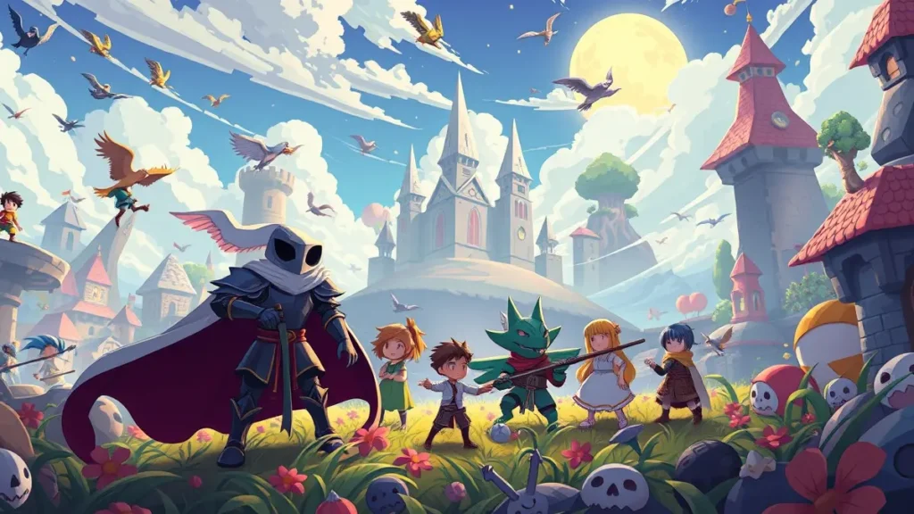 Una composizione vibrante di personaggi e elementi stilistici diversi provenienti da vari giochi indie iconici