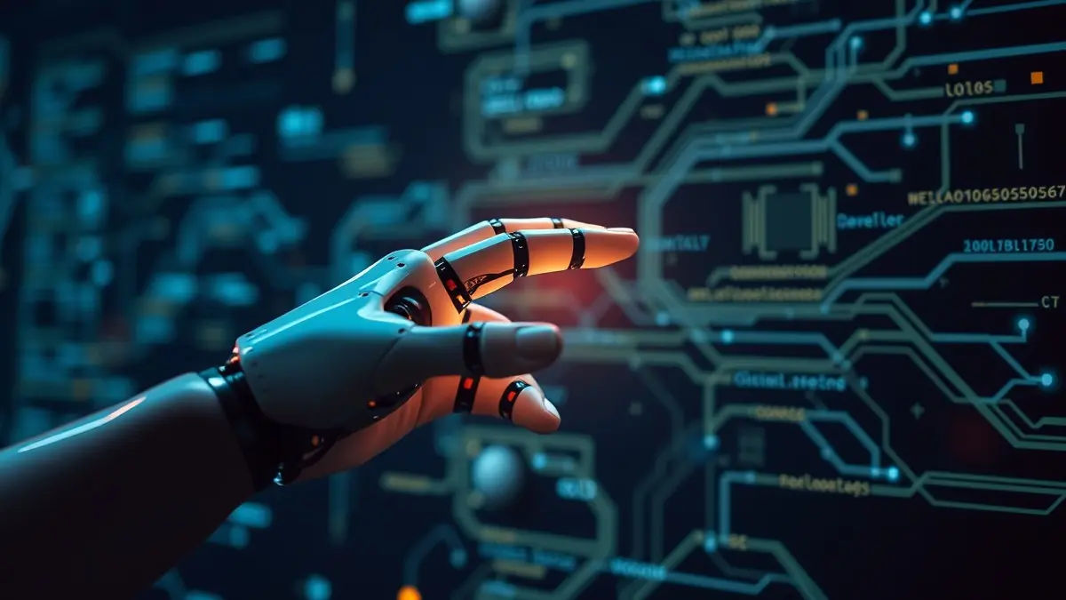 Una mano robotica e una mano umana che si stringono davanti a uno sfondo futuristico con linee di codice e diagrammi