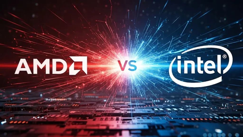 i loghi di AMD e Intel contrapposti su uno sfondo tecnologico astratto